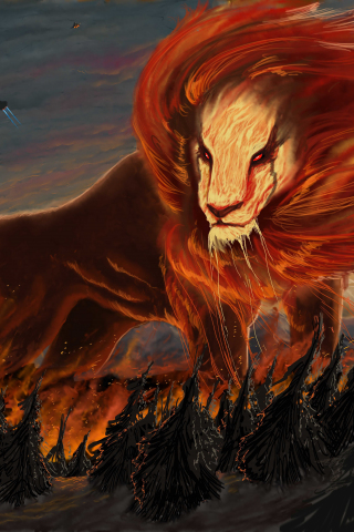 320x480 wallpaper Lion, fire flames, fantasy, beast, art, 10k