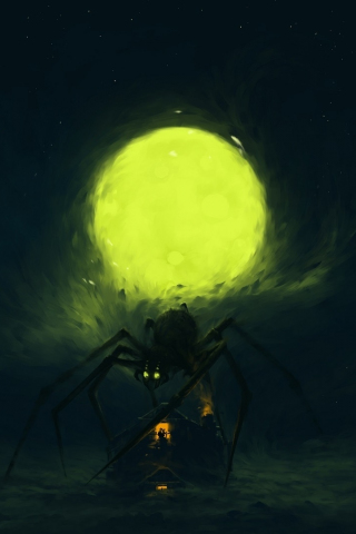 320x480 wallpaper Yellow moon, dark night, big spider over house, fantasy