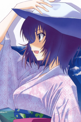 320x480 wallpaper Anime girl, short hair, blue hat