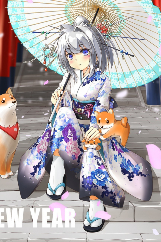 320x480 wallpaper Kitten, anime girl, umbrella