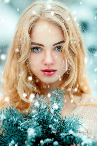 320x480 wallpaper Winter, blue eyes, girl model, outdoor