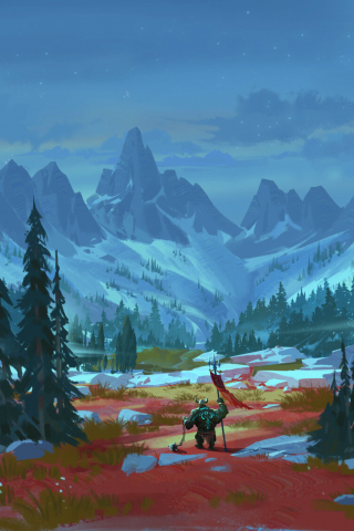 320x480 wallpaper Fantasy, mountains, warrior, art