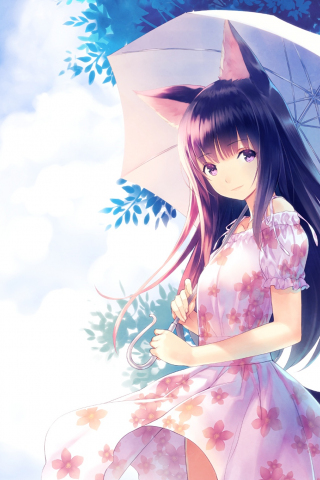 320x480 wallpaper Cute anime girl, pink dress, umbrella