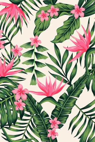 320x480 wallpaper Pink flowers, leaves, vector art