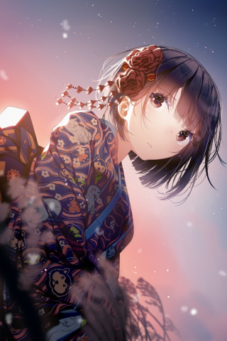 320x480 wallpaper Short hair, anime girl, traditional dress