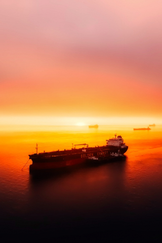 320x480 wallpaper Sunset, cargo ship, sky, sea