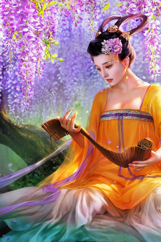 320x480 wallpaper Blossom, fantasy, asian woman, artwork