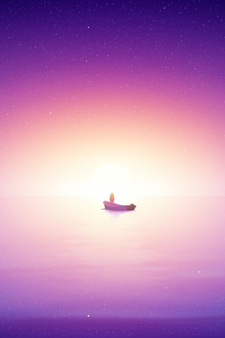 320x480 wallpaper Alone, fishing, boat, sunrise, bright purple sea