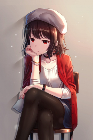 320x480 wallpaper Red eyes, cute anime girl, sitting, original