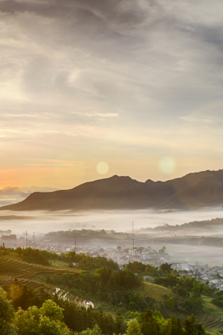 320x480 wallpaper Sunrise, small city, fog, mountains, horizon, 5k