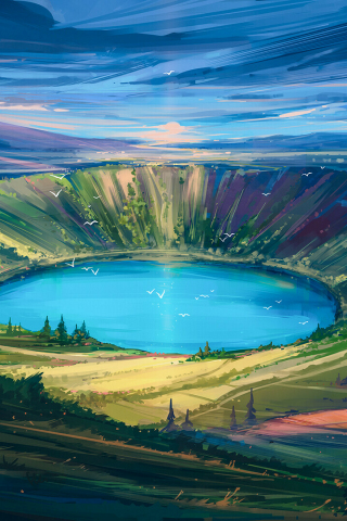 320x480 wallpaper Lake, crater, high, sunset, art