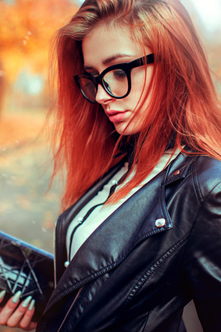 320x480 wallpaper Leather jacket, red head, girl