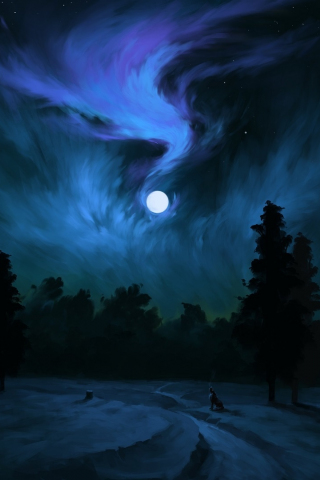 320x480 wallpaper Moon, dark night, tree, silhouette, wolf