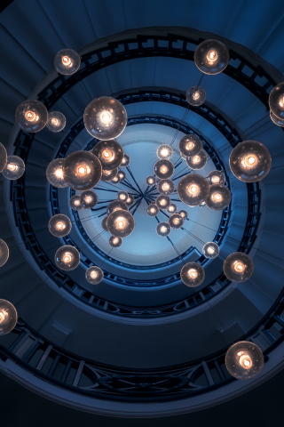 320x480 wallpaper Staircase, lights, ceiling, spiral, architecture, interior, 5k