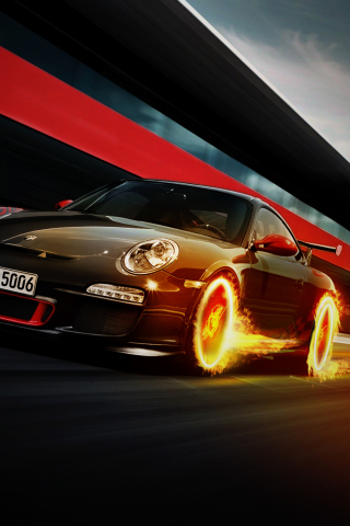 320x480 wallpaper Porsche 911 GT3 RS, black, wheel on fire
