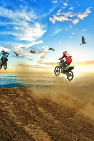 320x480 wallpaper Sky, motocross, bikes, coast, rally, sea, sports
