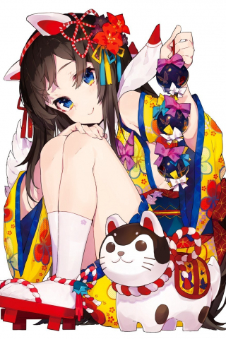 320x480 wallpaper Cute, anime girl with kitten toy, minimal
