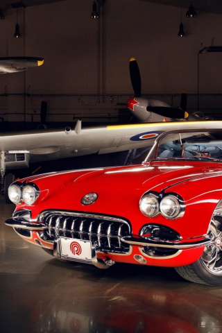 320x480 wallpaper Chevrolet Corvette (C1), red classic car, airplane