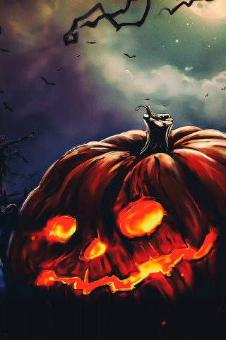 320x480 wallpaper Halloween, pumpkin, scary night, fantasy art