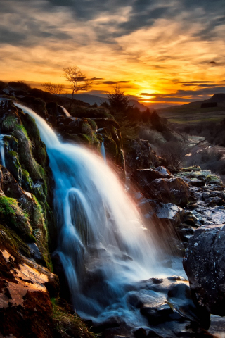 320x480 wallpaper Scotland waterfall, sunset, rocks, nature