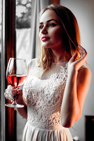 320x480 wallpaper Blonde, girl, drinking red wine, brunette, beautiful