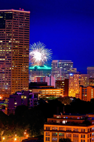 320x480 wallpaper Portland, Oregon, night, city, buildings, fireworks, 4k