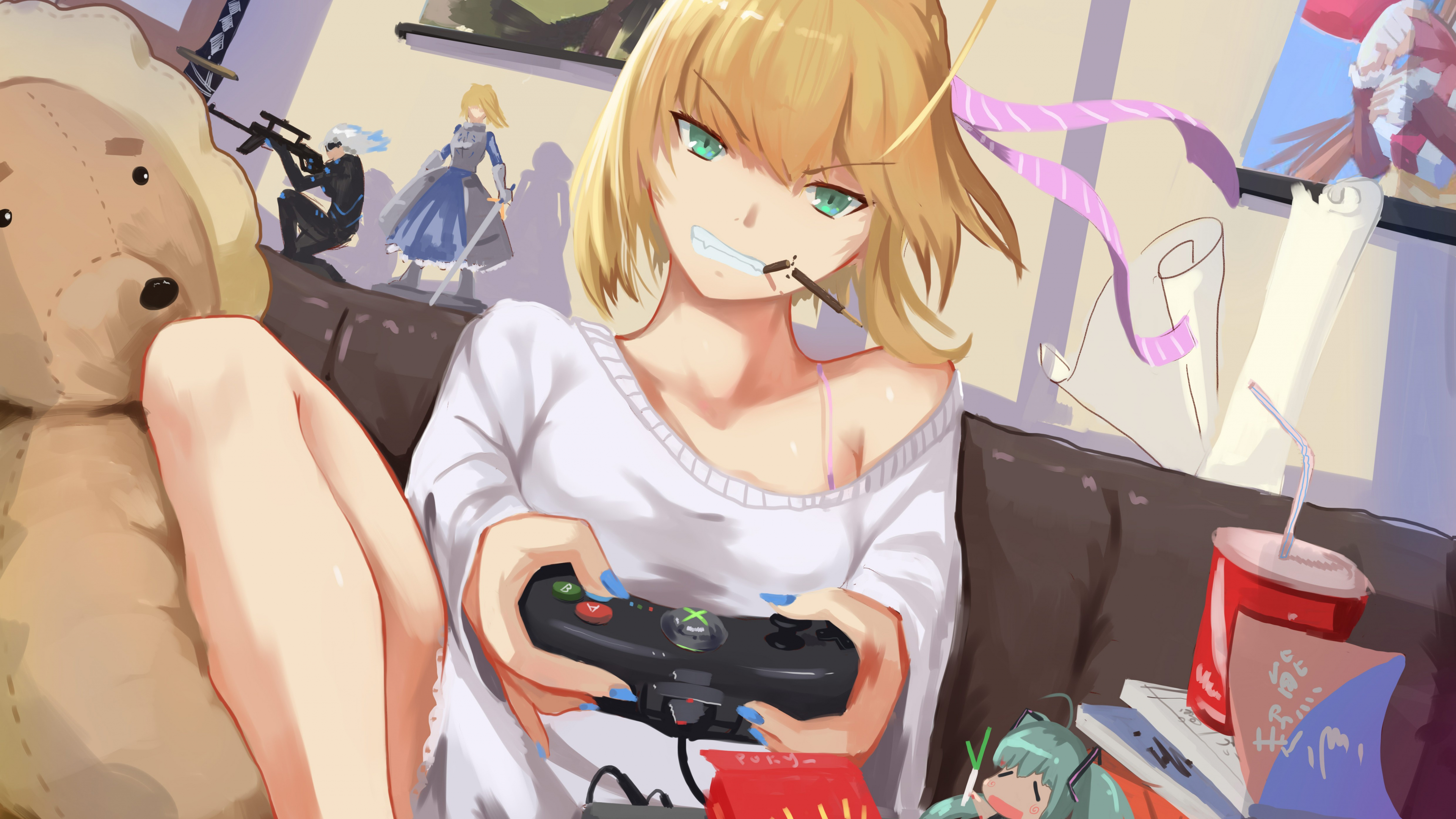 Download 3840x2160 Wallpaper Saber Lily Playing Game Blonde Anime Girl