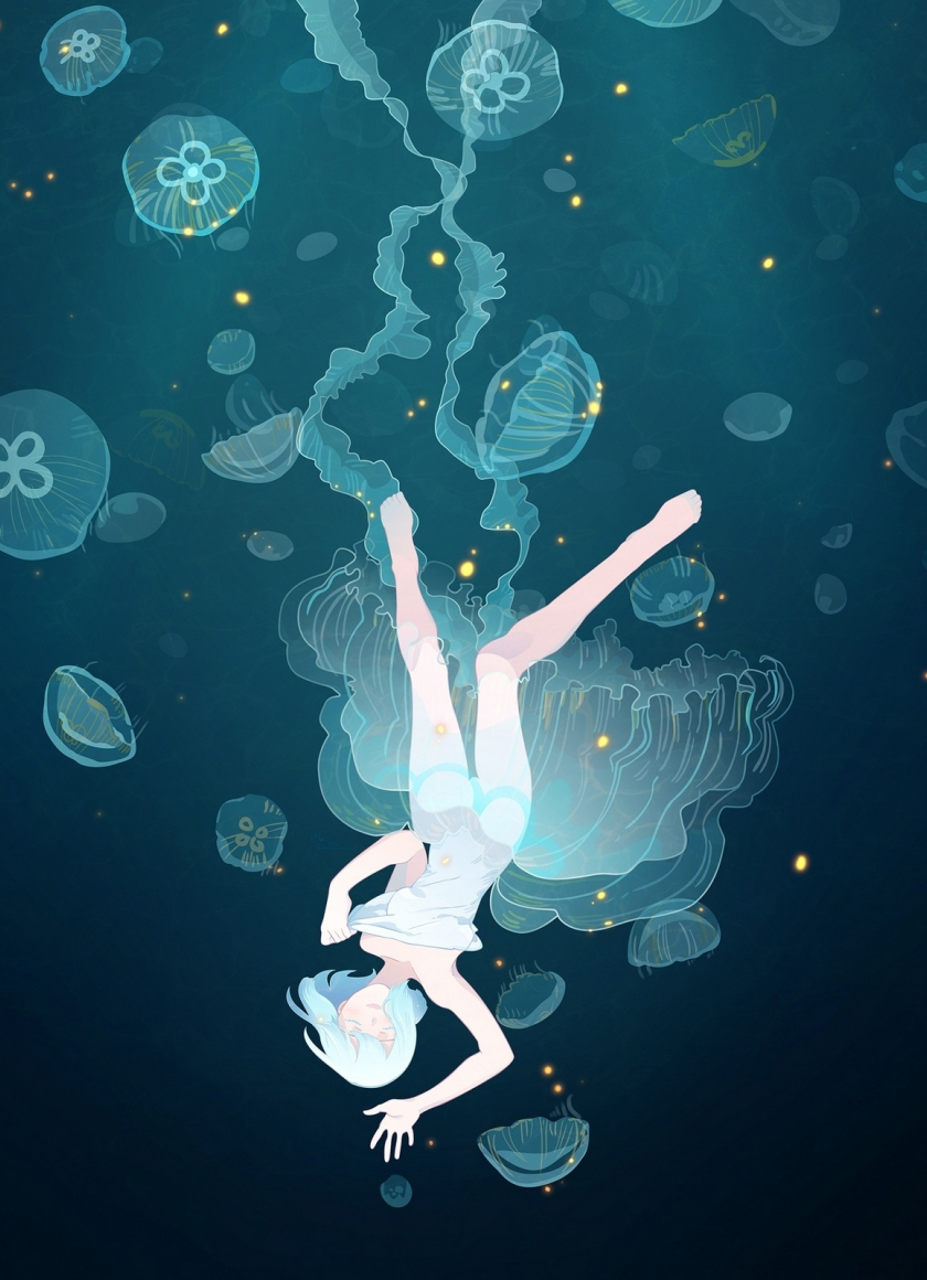 Desktop Wallpaper Underwater, Dive, Fishes, Anime Girl, Jellyfish ...
