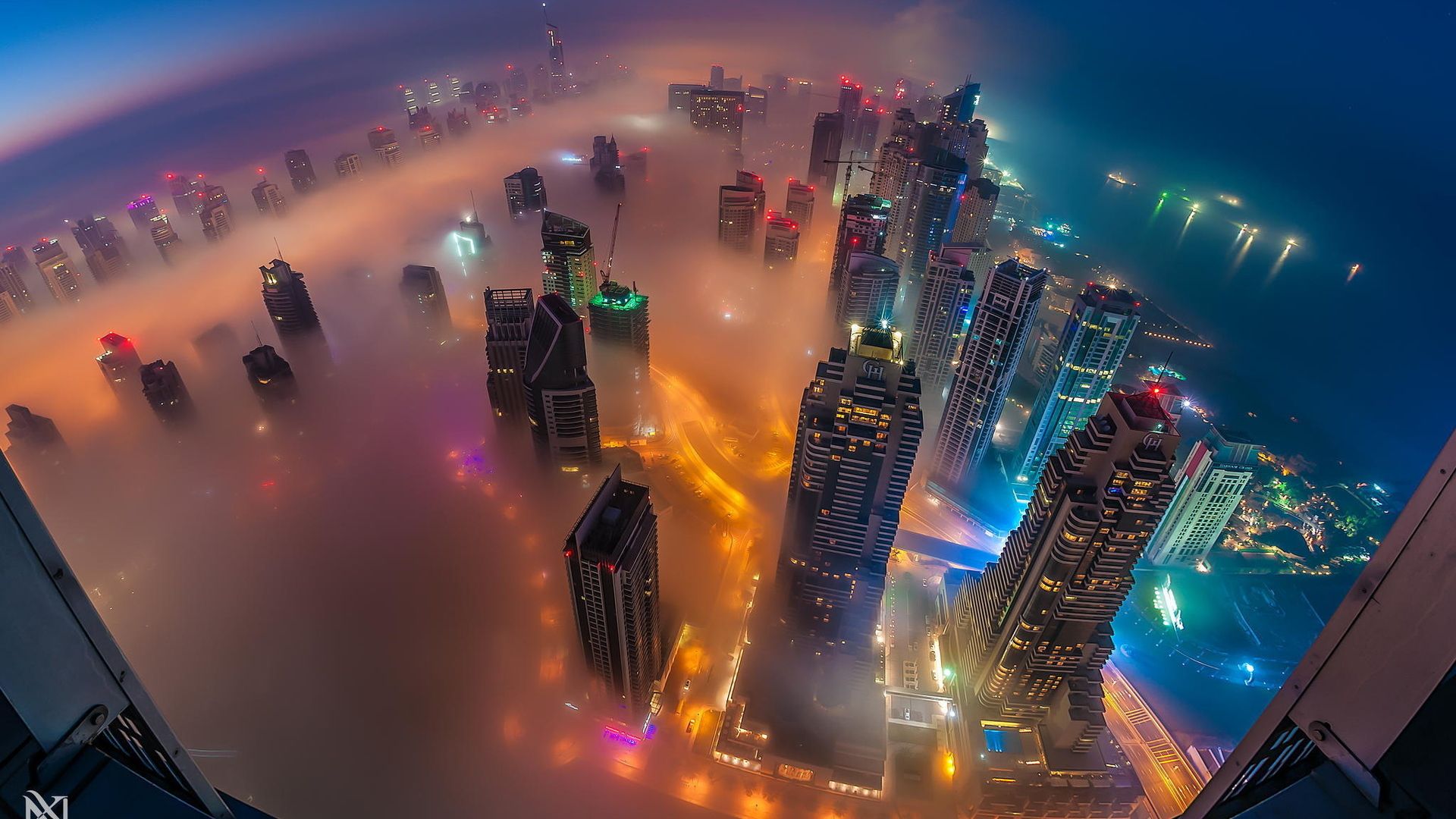 Wallpaper Dubai aerial view smog fog colorful
