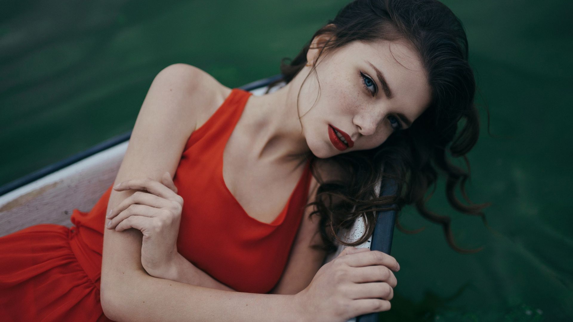 Wallpaper Girl model, boat, red dress