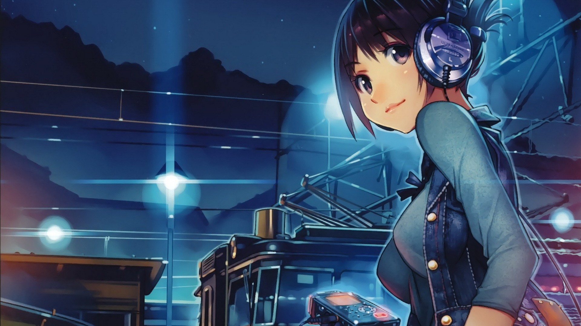 Wallpaper Head phone, anime girl, night