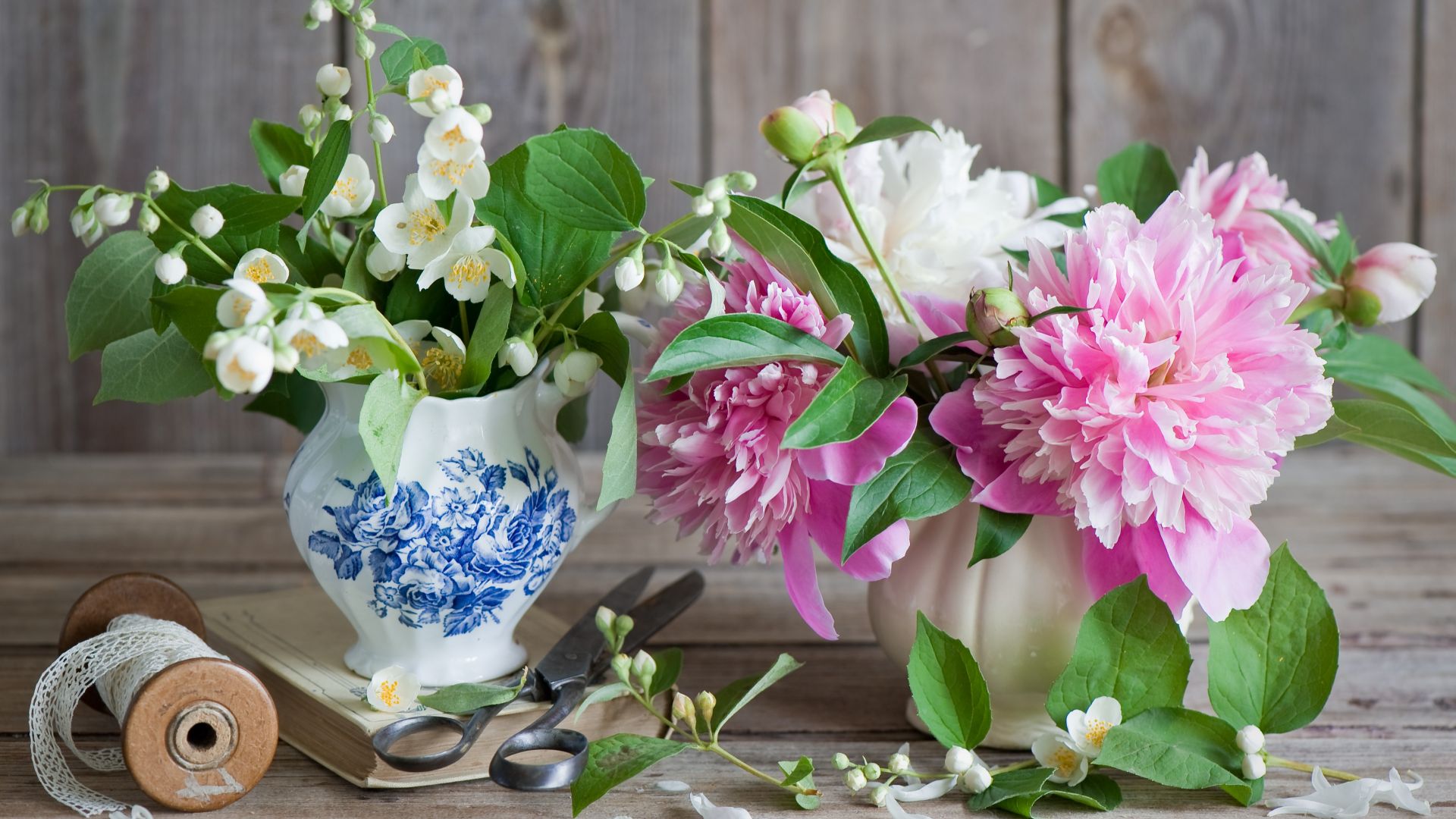 Wallpaper Peony, jasmine, scissors, vase, ribbons