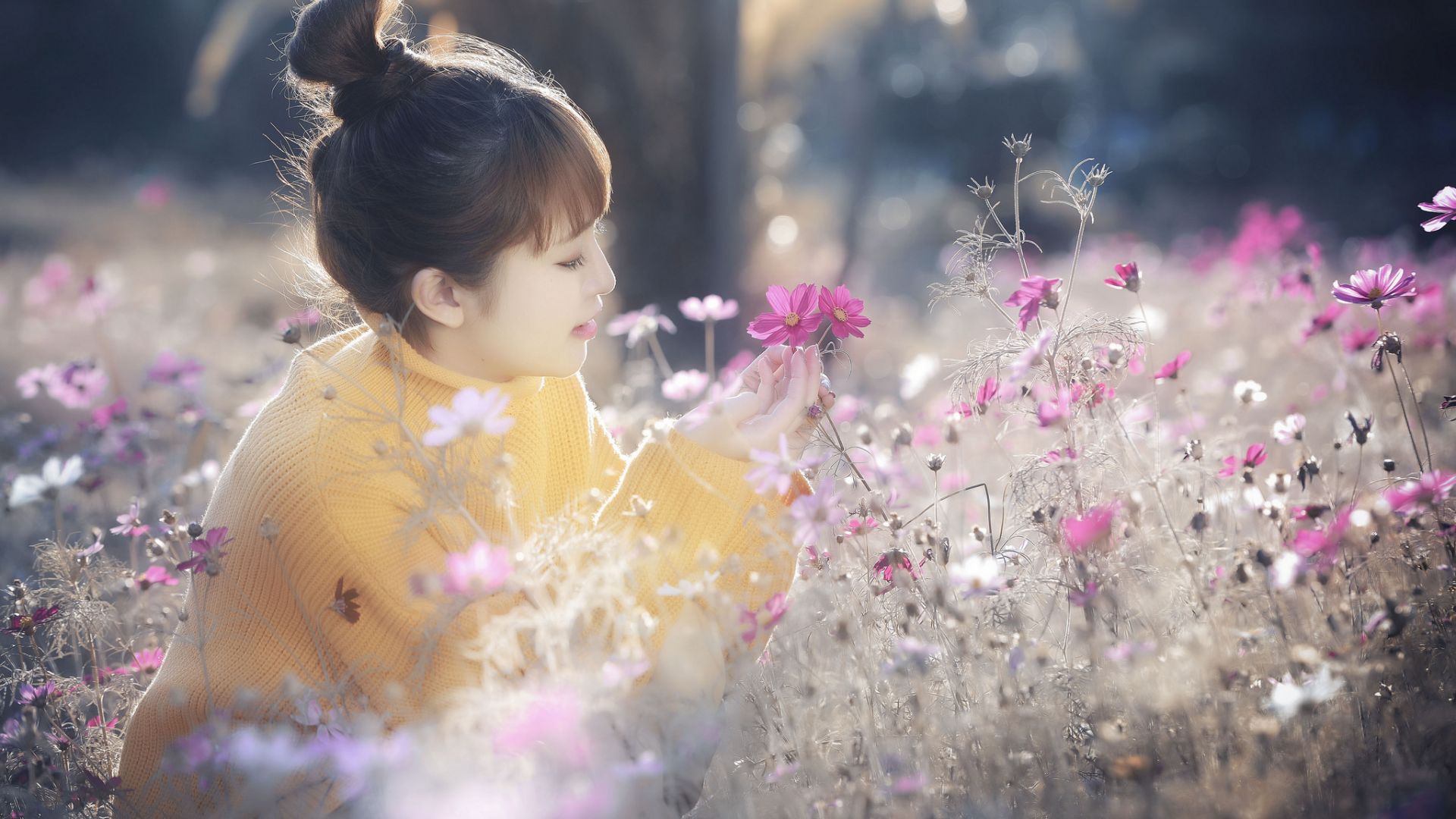 Wallpaper Meadow, pink flowers, Asian model