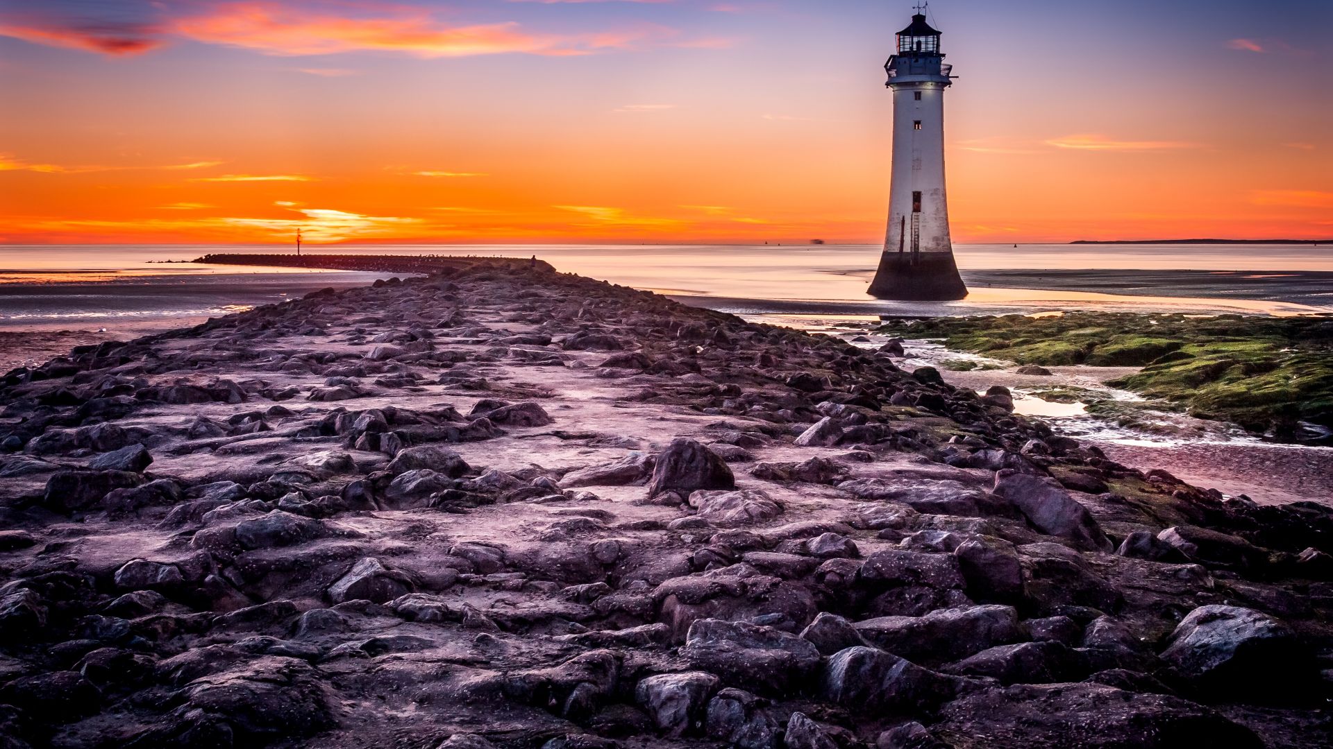 Wallpaper Sunset, lighthouse, rocks, coast