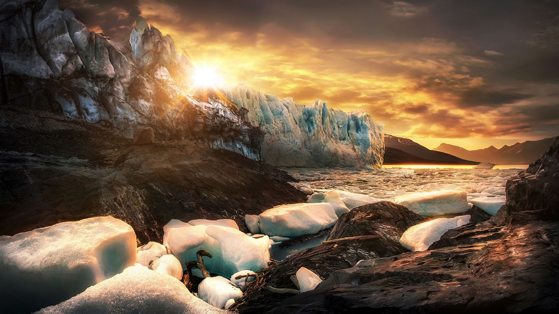 Wallpaper Sunset, glacier, snow, rocks, nature