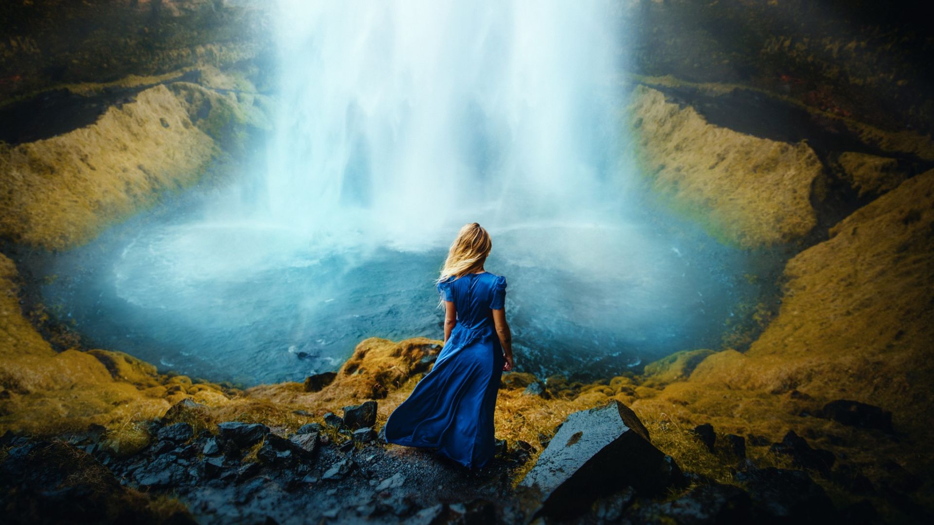 Wallpaper Waterfall, blonde, girl model, outdoor