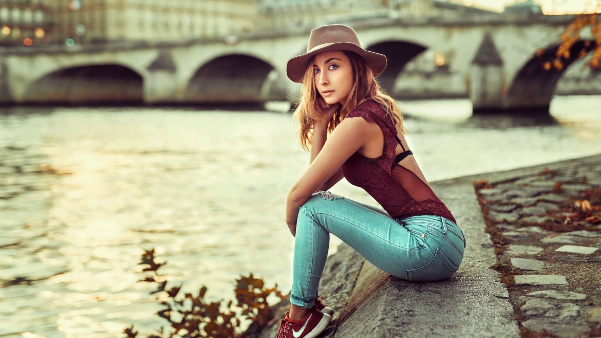 Wallpaper Girl model, canal, hat, sit
