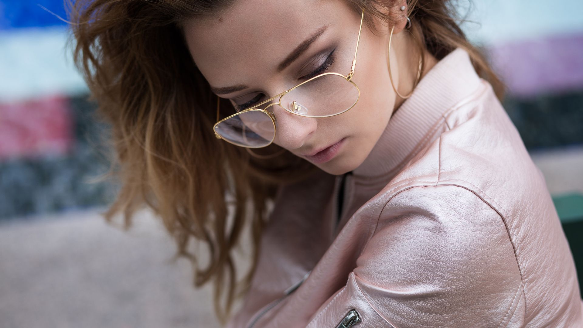 Wallpaper Girl model, jacket, sunglasses, looking down