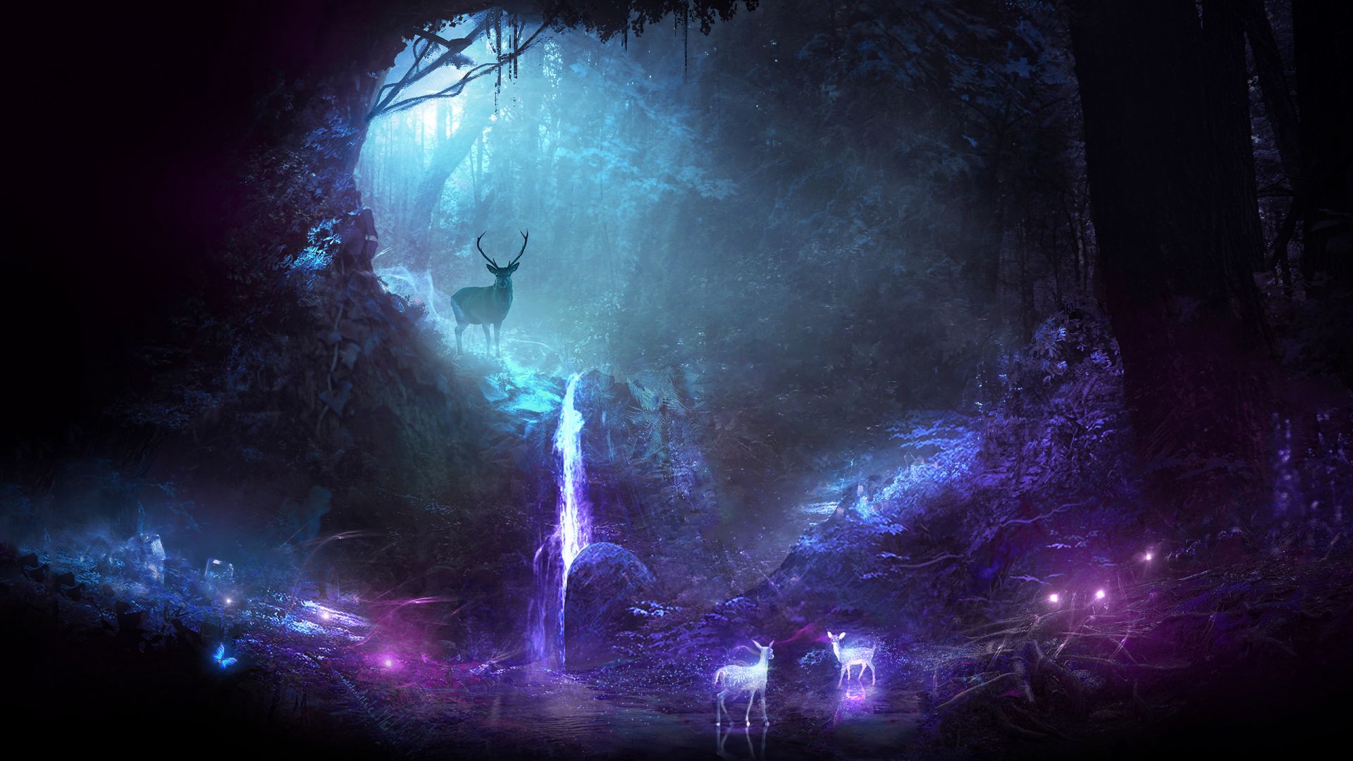 Wallpaper Deer, fantasy, spirit, forest, waterfall, art