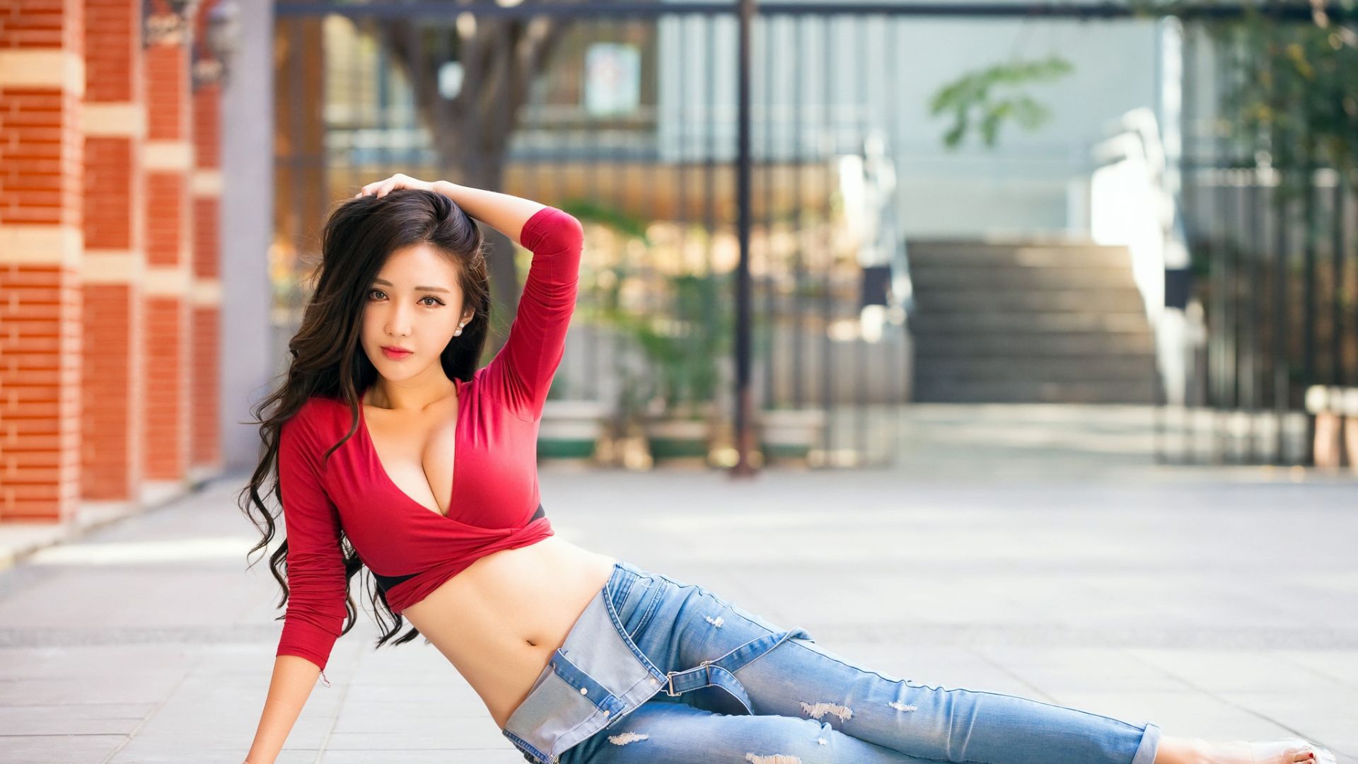 Wallpaper Hot Asian model, brunette, jeans