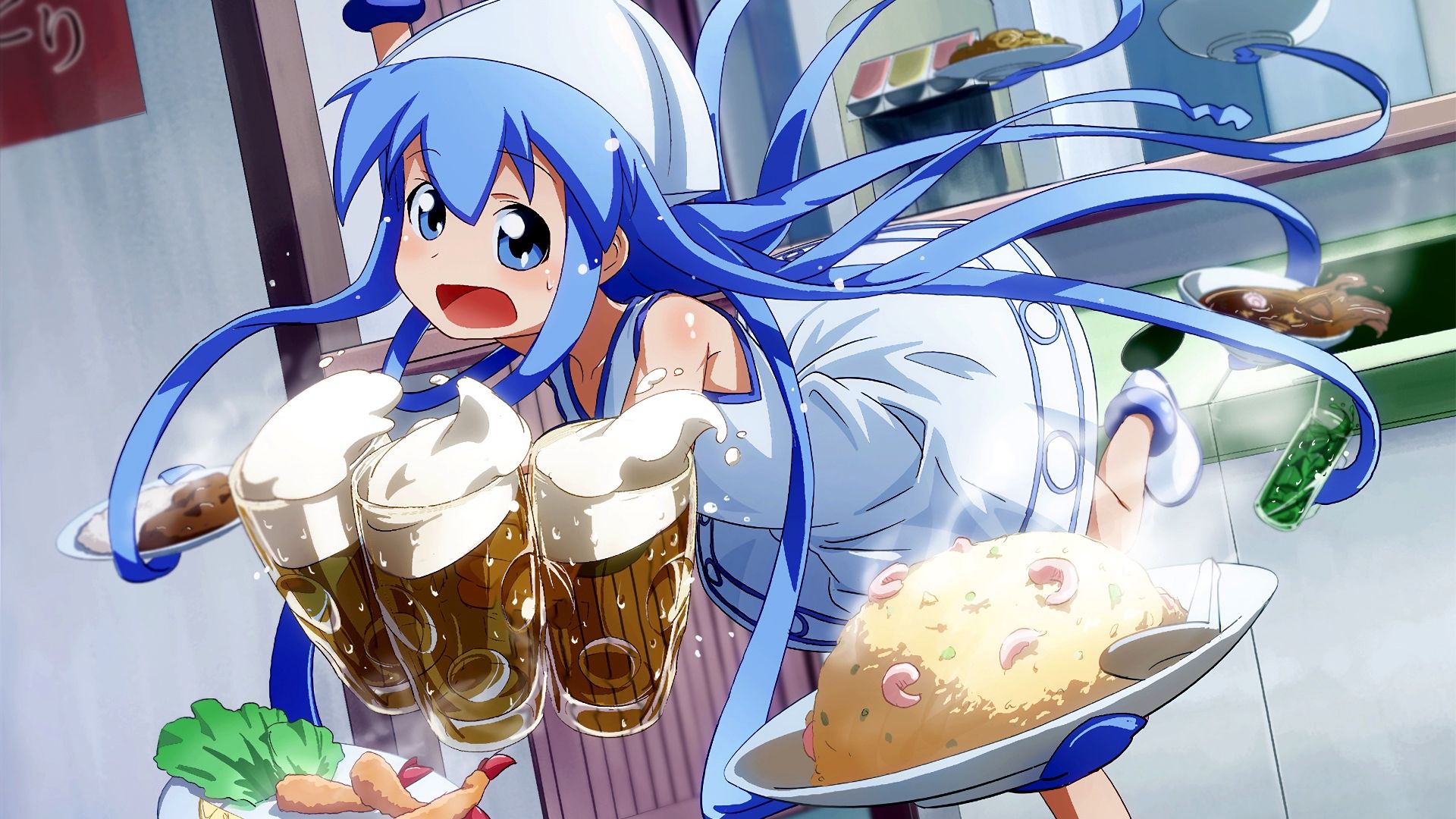 Wallpaper Food, serve, anime girl, Ika Musume, blue long hair