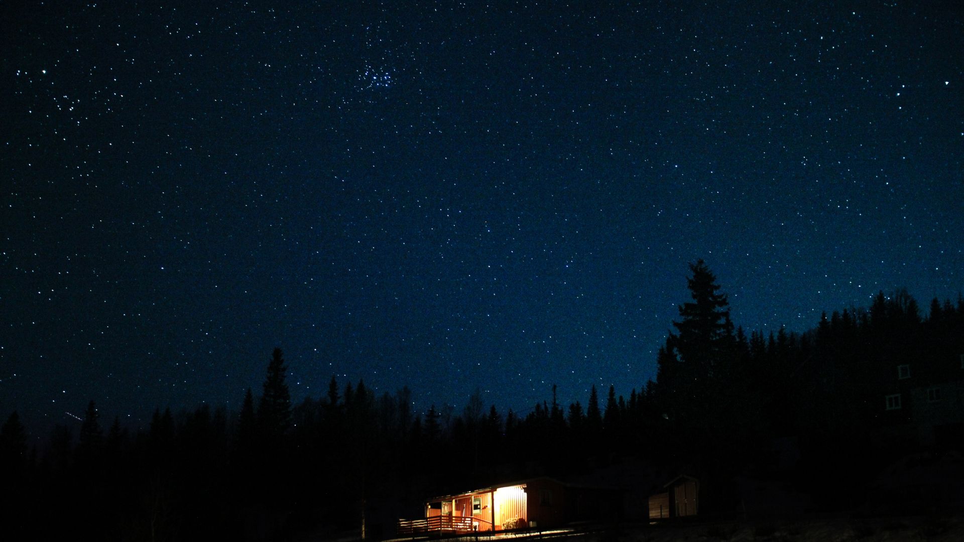 Wallpaper Starry night, hut, dark, tree, sky, 4k