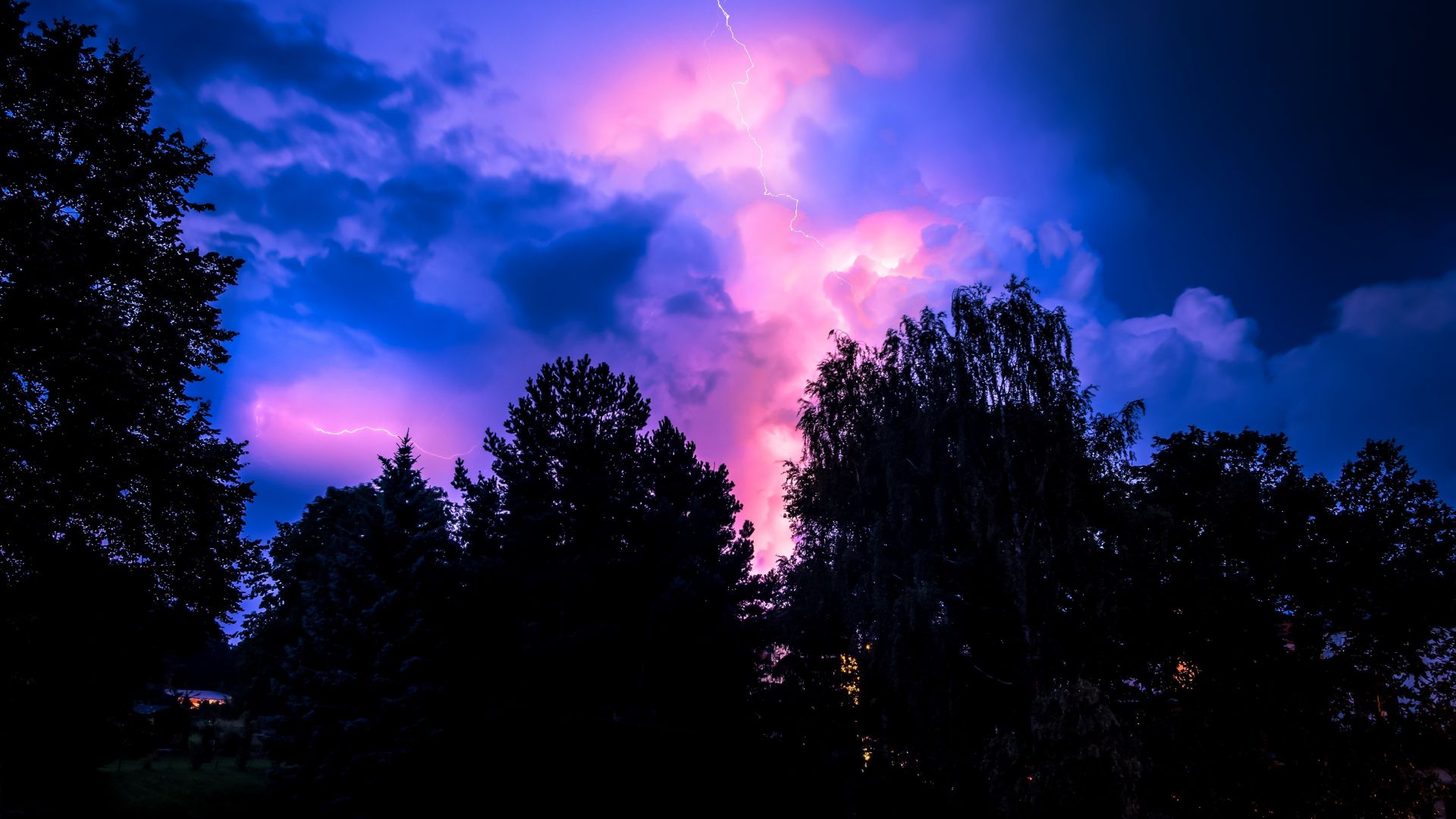 Wallpaper Clouds, lightning, trees, nature, 4k
