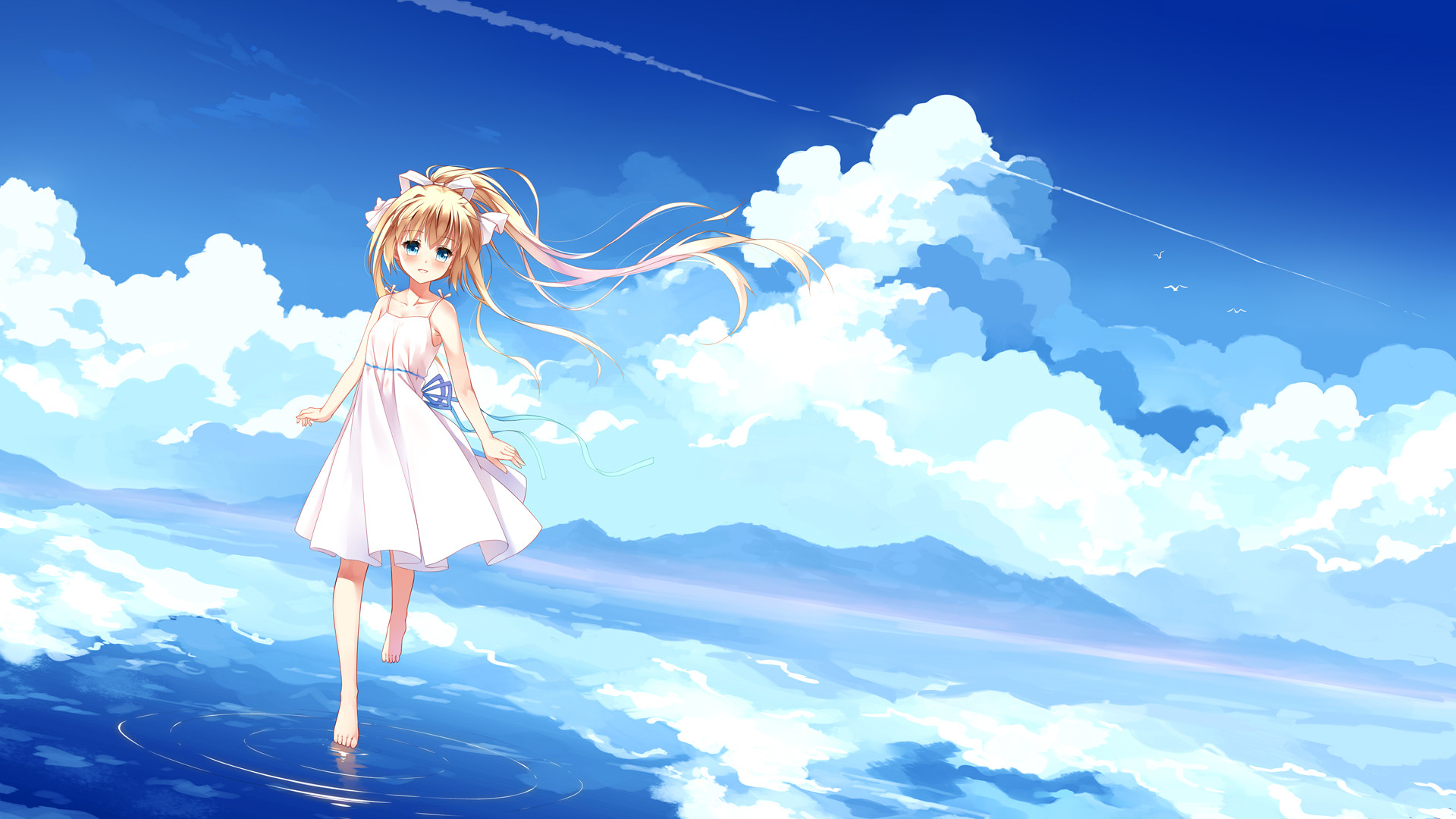 Desktop Wallpaper Walk On Water, Cute Anime Girl, Clouds, Hd Image,  Picture, Background, 041c5b