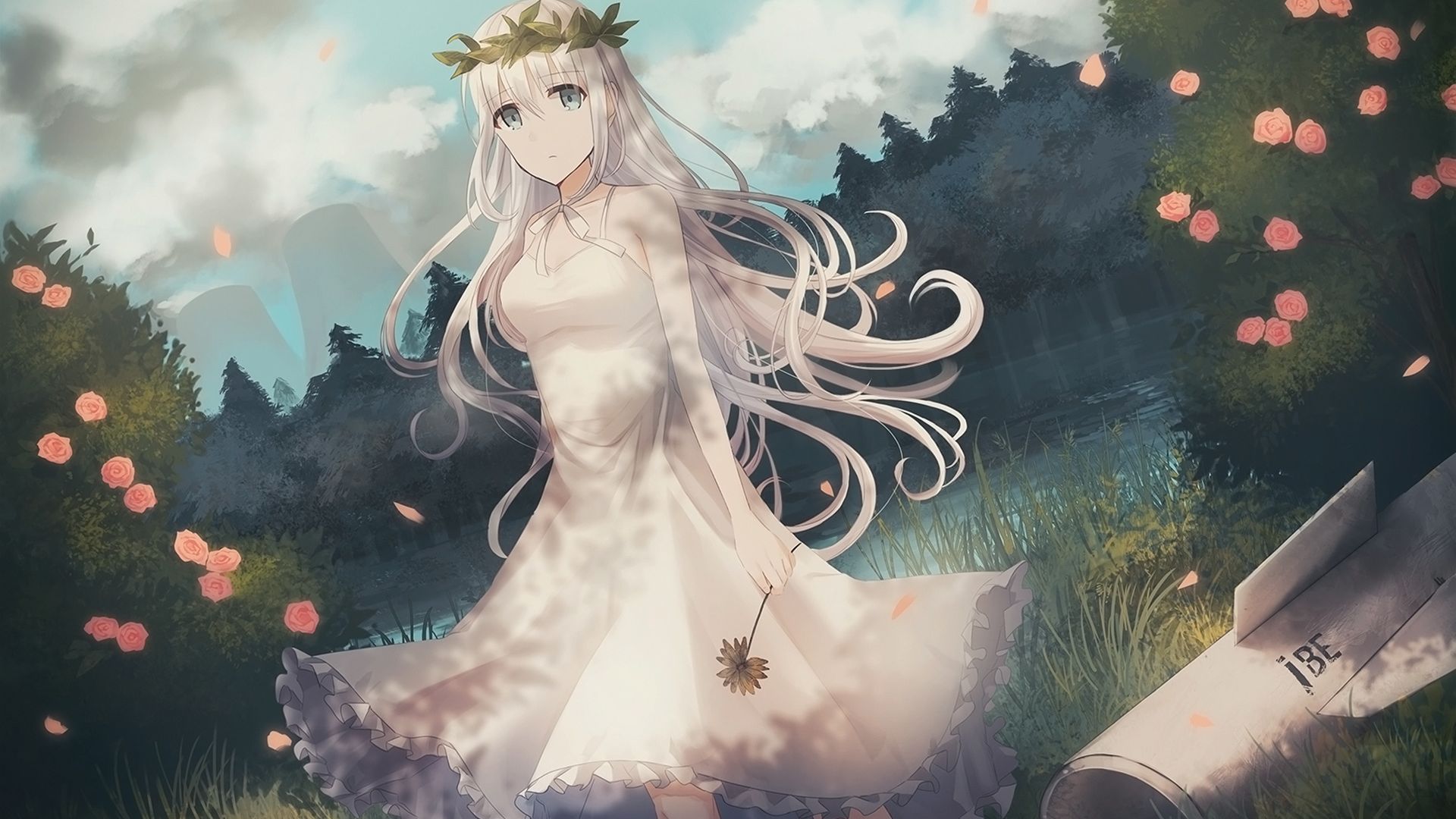 Wallpaper White hairs, anime girl, flower crown, outdoor