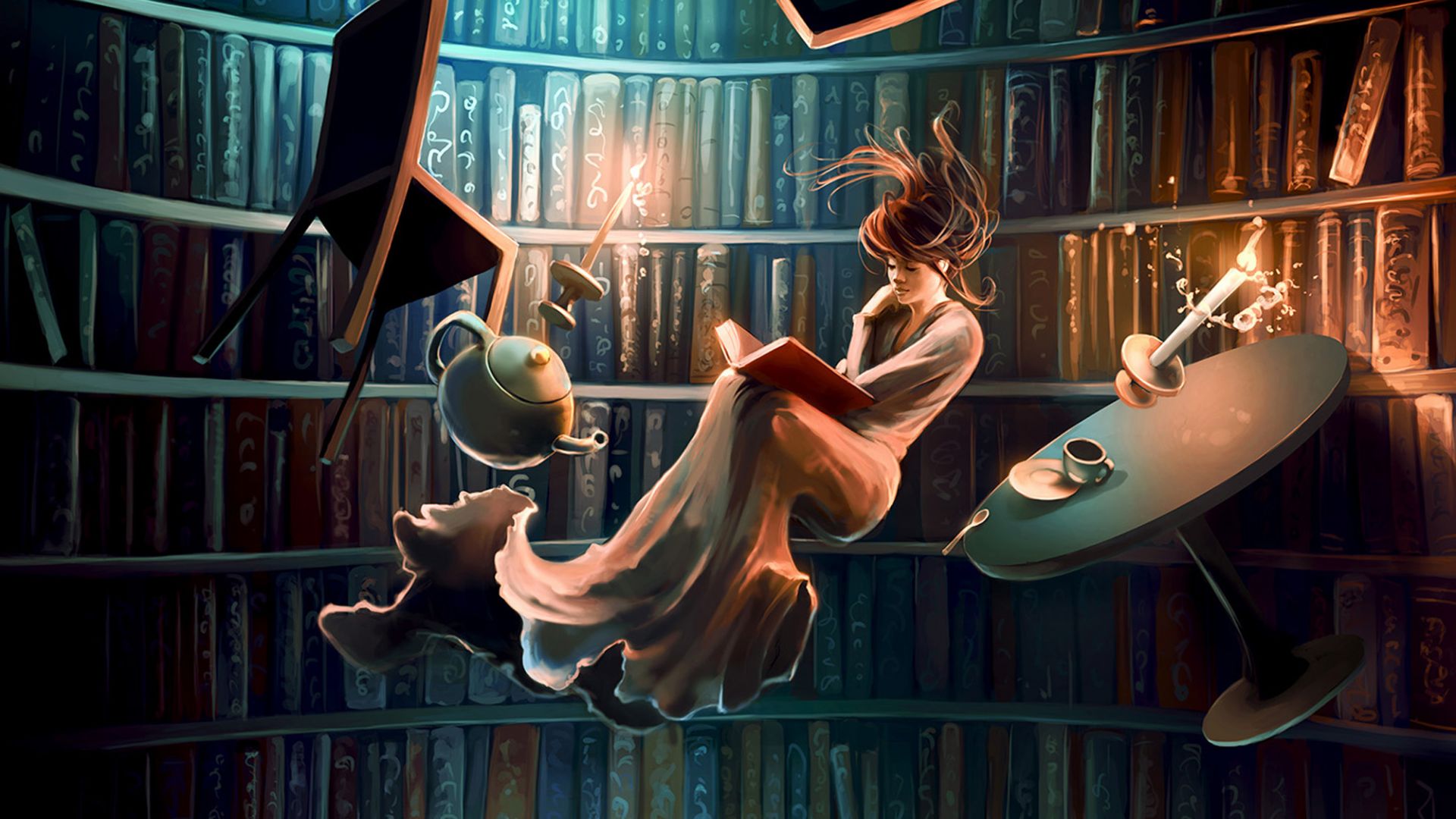 Wallpaper Reading, flight, girl, library, art