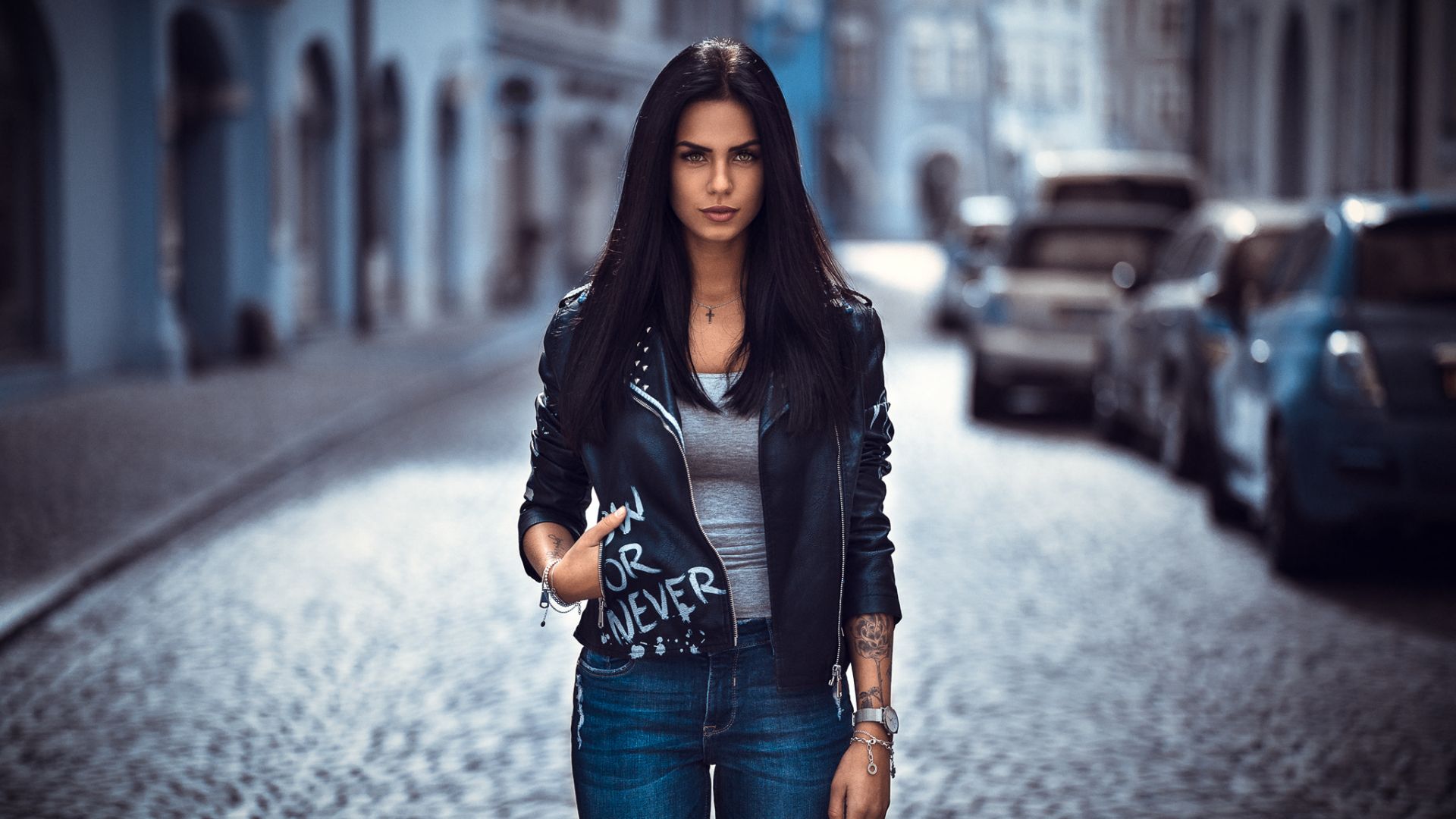 Wallpaper Streets, portrait, girl model, long hair, leather jacket