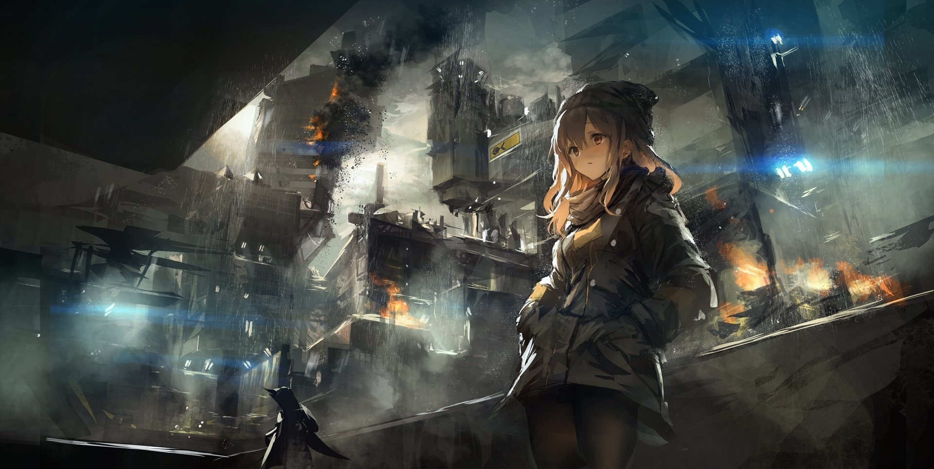Wallpaper City, destruction, anime girl, art
