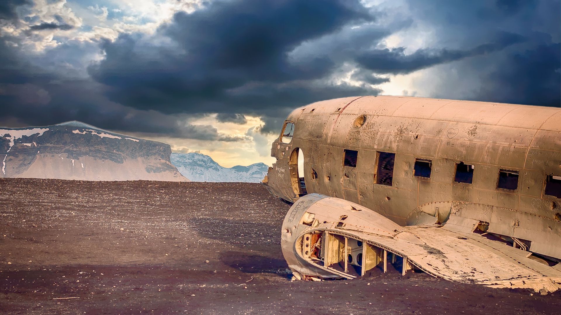Wallpaper Wreck aircraft, airplane, clouds, landscape