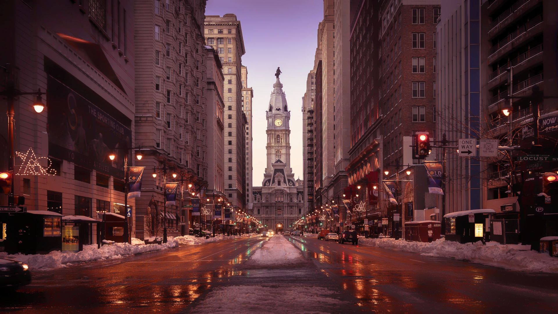 Wallpaper Philadelphia, streets, buildings, road, winter, snowfall, 4k